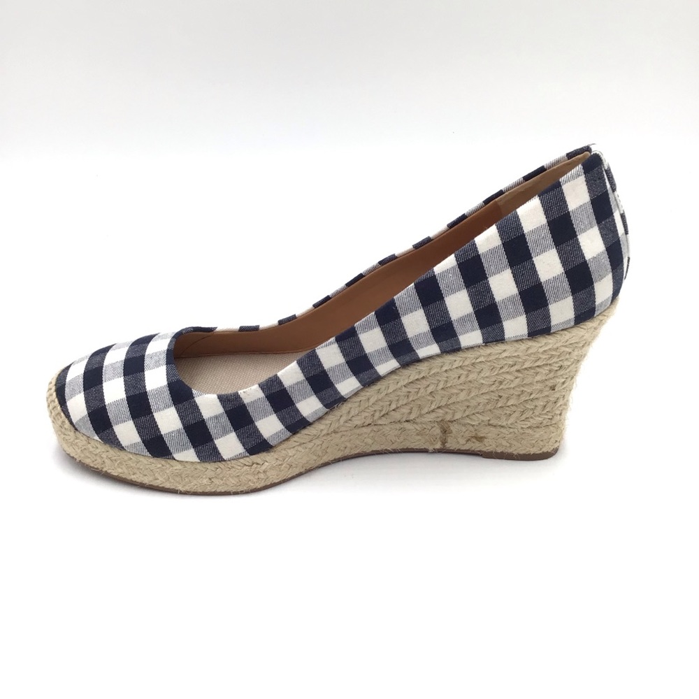 🔴SOLD🔴J. Crew Factory blue white check plaid textile espadrille wedge pumps 8 - Picture 5 of 11